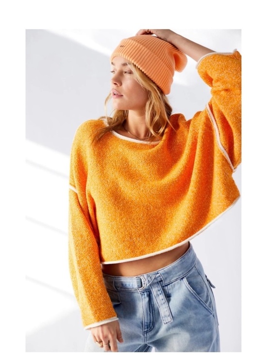 Free People Sweaters - Free People Cropped Orange Bouclé Pullover with White Trim